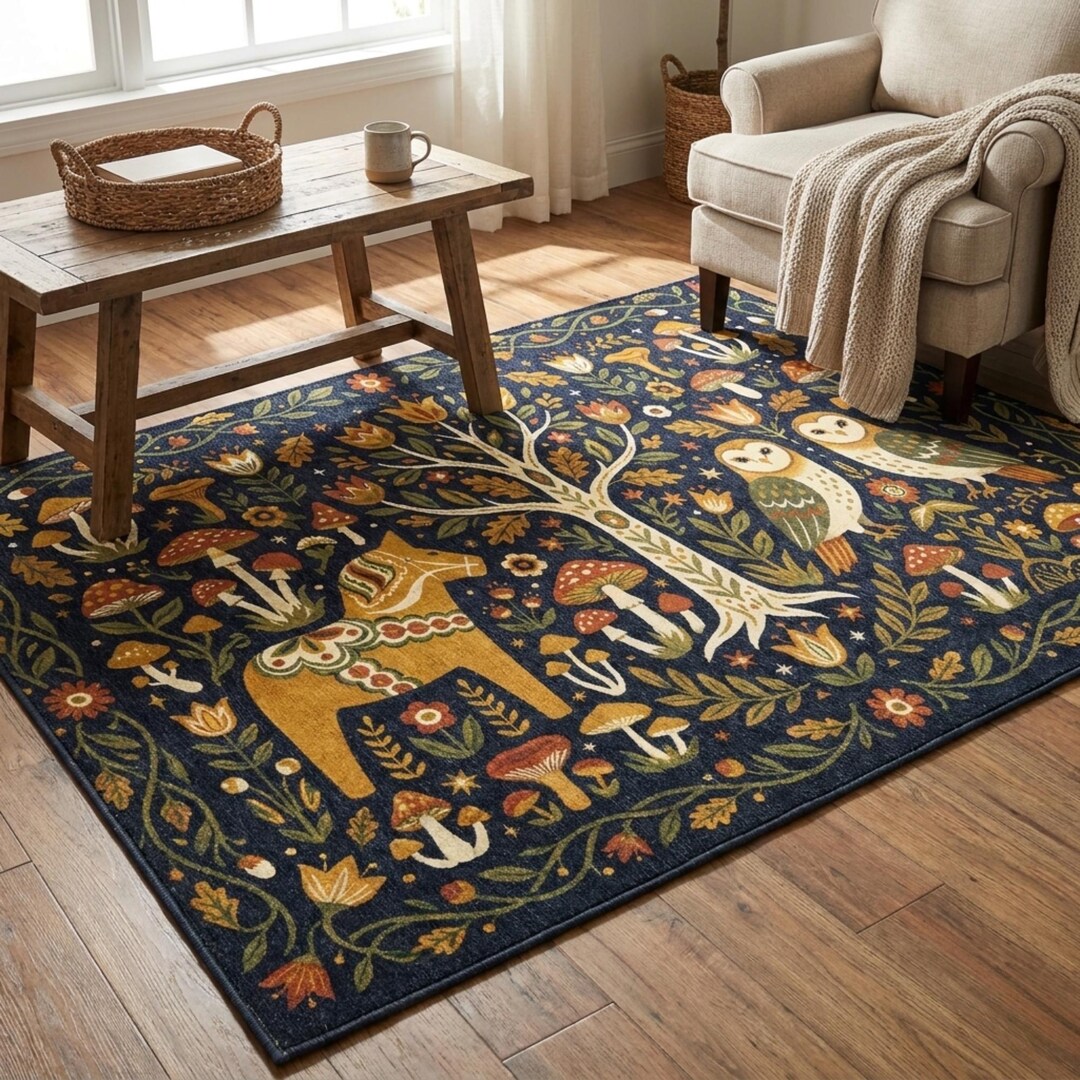 Dala Rugs Woodland Folk Art Area Rug, Scandinavian Cottagecore Mushrooms Owls ...