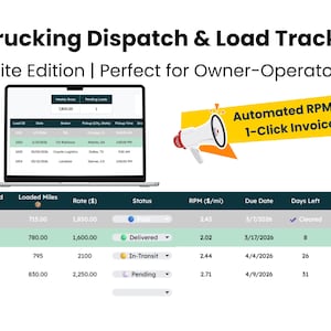Könnte beinhalten: Ein Laptop-Bildschirm zeigt eine Speditions- und Ladungsverfolgungs-Oberfläche. Die Oberfläche zeigt Daten wie Ladungs-ID, Datum, Broker und Rate. Das Bild enthält auch ein gelbes Banner mit dem Text "Automated RPM & 1-Click Invoice."