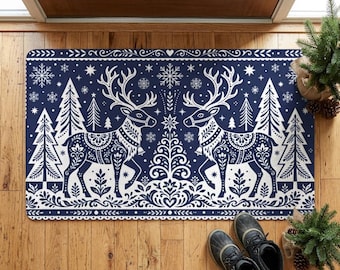 Scandi Folk Art Christmas Doormat, Blue and White Nordic Reindeer Welcome Mat, Winter Entryway Rug, Holiday Porch Decor, Cottagecore Mat