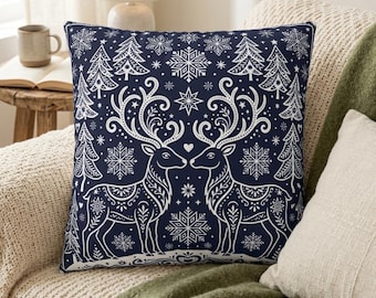 Nordic Reindeer Sweetheart Pillow, Navy Blue Winter Decor, Scandi Folk Art Cushion, Romantic Cabin Accent, Christmas Snowflake Throw