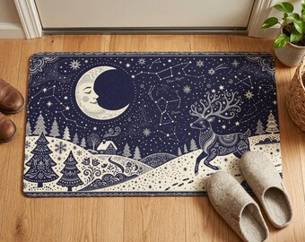 Scandi Folk Art Winter Doormat, Celestial Moon Welcome Mat, Navy Holiday Porch Decor, Constellation Reindeer Rug, Cottagecore Entryway