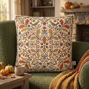 May include: A square throw cushion featuring a cream-coloured background with a symmetrical pattern of orange and brown oak leaves, acorns, small flowers, and birds. The design is intricate and repeating, covering the entire front surface of the cushion.