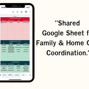 Pode incluir: Um smartphone exibe uma folha do Google para coordenação de cuidados familiares e domésticos. A folha inclui seções para recargas de medicamentos, registros de atividades recentes e contatos importantes. O texto na tela diz "Shared Google Sheet for Family & Home Care Coordination."