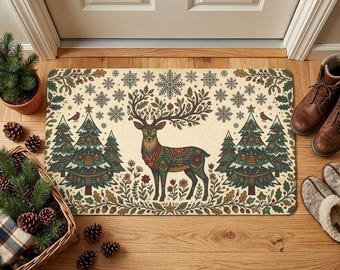 Christmas Doormat Decoration, Woodland Reindeer Welcome Mat, Botanical Antler Holiday Rug, Vintage Winter Cottagecore Porch