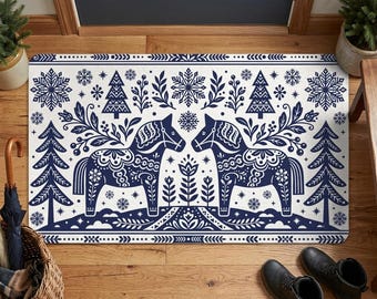 Winter Welcome Mat, Swedish Dala Horse Doormat, Blue and White Scandi Folk Art, Nordic Christmas Porch Decor, Navy Snowflake Rug
