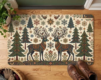 Christmas Doormat Decoration, Scandi Folk Art Reindeer Welcome Mat, Vintage Woodland Holiday Rug, Cottagecore Winter Porch Decor