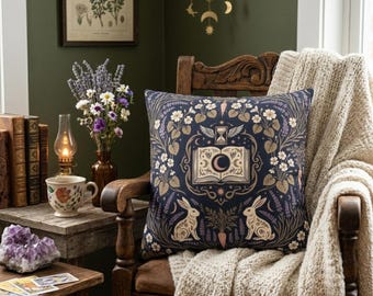 Dark Academia Decor Pillowcase, Mystical Cottagecore Cushion, Celestial Spellbook, Folk Art Rabbit, Witchy Room Decor, Navy Blue