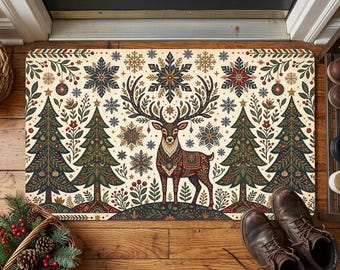 Christmas Doormat Decoration, Scandi Folk Art Reindeer Welcome Mat, Vintage Woodland Holiday Rug, Geometric Snowflake Porch Decor