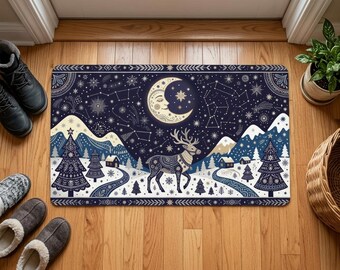 Scandi Folk Art Winter Doormat, Celestial Moon Reindeer Welcome Mat, Navy Holiday Porch Decor, Constellation Mountain Village Rug
