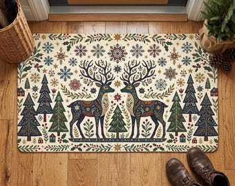 Christmas Doormat Decoration, Scandi Folk Art Reindeer Welcome Mat, Winter Village Holiday Rug, Geometric Snowflake Porch Decor