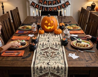 Heksenachtige Halloween-tafelloper, Goth Cottagecore-decoratie, eettafelmat met motten en paddenstoelen, donker academia herfstlinnen, griezelige boho maanloper
