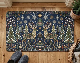 Christmas Doormat Decoration, Scandi Folk Art Reindeer Welcome Mat, Navy Winter Woodland Rug, Snow-Capped Pine Tree Porch Decor