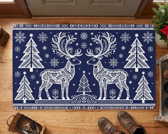 Christmas Decoration Doormat, Scandi Folk Art Reindeer Welcome Mat, Navy Winter Porch Rug, Nordic Holiday Entryway Decor