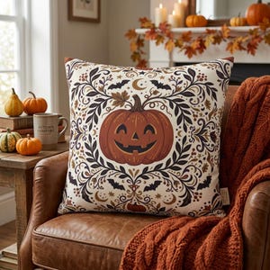 May include: A square throw pillow featuring a central orange jack-o'-lantern illustration surrounded by intricate dark brown botanical patterns, small bats, and crescent moons on a cream-colored background, finished with a small side tag.