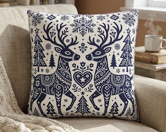 Nordic Reindeer Pillow Cover, Navy White Scandi Winter Decor, Folk Art Cushion, Cozy Cabin Accent, Snowflake Heart Christmas Throw