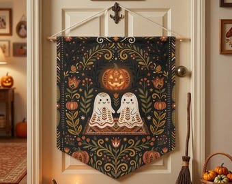 Cute Ghost Pennant, Folk Art Halloween Banner, Dark Cottagecore Wall Hanging, Spooky Cute Room Decor, Vintage Autumn Pumpkin Tapestry