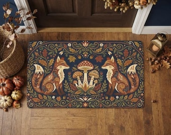 Autumn Fox Doormat, Navy Woodland Welcome Mat, Scandinavian Fall Rug, Dark Cottagecore Porch Decor, Folk Art Mushroom Mat