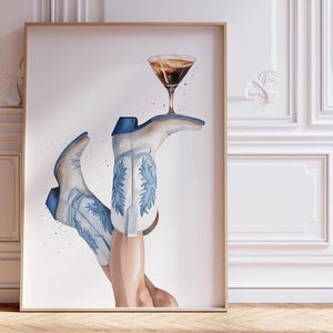 Cowgirl Espresso Print, Preppy Western Wall Art, Bottoms Up, Cowgirl Boots, Beachy Bar Cart Cocktail Poster, Espresso Martini Print