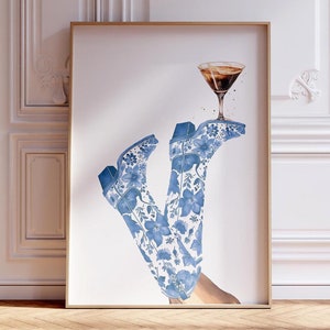 Blue Cowgirl Espresso Martini Print, Beachy Dorm Vibes, Coastal Coquette Poster, Preppy Western Wall Art, Bottoms Up, Cowgirl Boots Print