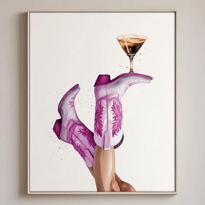 Pink Cowgirl Espresso Print, Coastal Coquette Poster, Preppy Western Wall Art, Bottoms Up, Cowgirl Boots, Beachy Bar Cart Cocktail Poster
