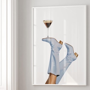 Blue Cowgirl Espresso Martini Print, Coastal Coquette Poster, Preppy Western Print, Bottoms Up, Rodeo Poster, Cowgirl Boots