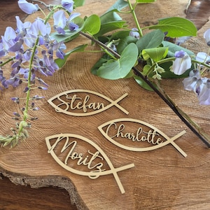 Personalisierte Namensschilder - heiliger Fisch, Tischdekoration, Gastgeschenk für Taufe, Kommunion, Konfirmation, Firmung