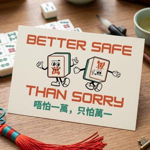 Może przedstawiać: Kartka z pozdrowieniami z napisem "BETTER SAFE THAN SORRY" i chińskimi znakami. Karta przedstawia kreskówkowe kafelki Mahjong z ramionami i nogami. Kafelki Mahjong i inne akcesoria znajdują się na drewnianej powierzchni.