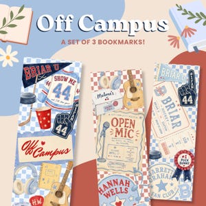Könnte beinhalten: Ein Set aus drei rechteckigen Lesezeichen mit Illustrationen von Sportausrüstung, Musikinstrumenten und Eintrittskarten. Der Text umfasst Off Campus, Briar U, Malone's, Open Mic, Hannah Wells und Garrett Graham Fan Club auf einem karierten Hintergrund.