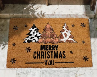Merry Christmas Y'all Doormat, Western Xmas Home Decor, Cow Print Christmas Tree Welcome Mat, Rustic Holiday Porch Rug, Housewarming Gift