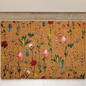 Wildflower Pattern Coir Doormat, Boho Floral Welcome Mat, Colorful Front Porch Rug