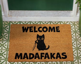 Felpudo de bienvenida con diseño de gato Madafakas, divertido gato con cuchillo para la entrada, regalo de inauguración de la casa con humor, alfombra para el porche, alfombra de fibra de coco para amantes de los gatos.