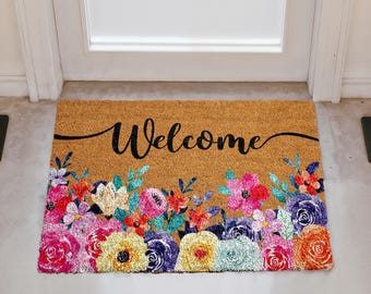 Floral Welcome Doormat, Flower Entryway Mat, Wedding Home Gift, Natural Coir Mat, Flower Outdoor Decor, Front Door Floor Rug