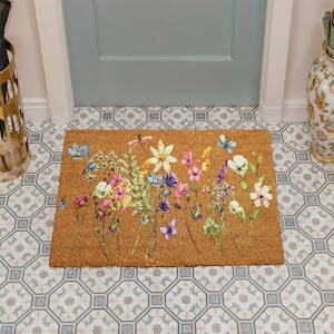 Spring Flowers Coir Doormat, Floral Front Porch Mat, Watercolor Wildflowers Home Decor, Housewarming Gift, New Home Entrance Floor Mat