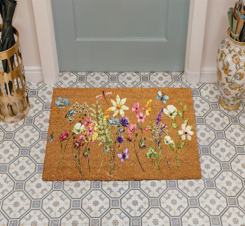 Spring Flowers Coir Doormat, Floral Front Porch Mat, Watercolor Wildflowers Home Decor, Housewarming Gift, New Home Entrance Floor Mat