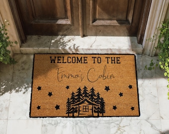 Personalized Cabin Doormat, Custom Name Welcome To Cabin Mat, Pine Tree Cabin Decor, Forest Home Entrance Coir Rug, Rustic Housewarming Gift