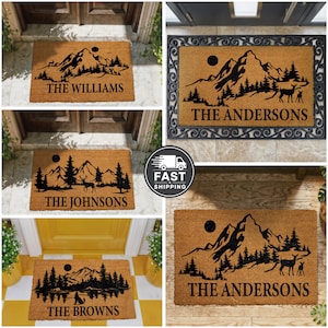 Personalized Mountain Doormat, Custom Family Name Welcome Mat, Mountain & Forest Entryway Door Mat, Retro Home Decor, Outdoor Adventure Rug