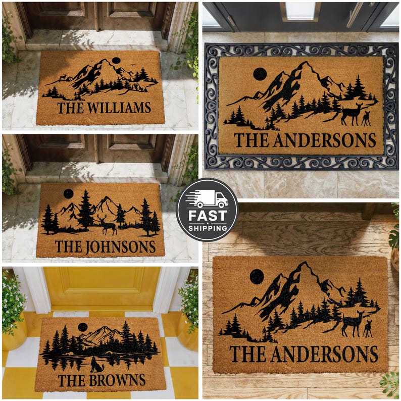 Personalized Mountain Doormat, Custom Family Name Welcome Mat, Mountain & Forest Entryway Door Mat, Retro Home Decor, Outdoor Adventure Rug