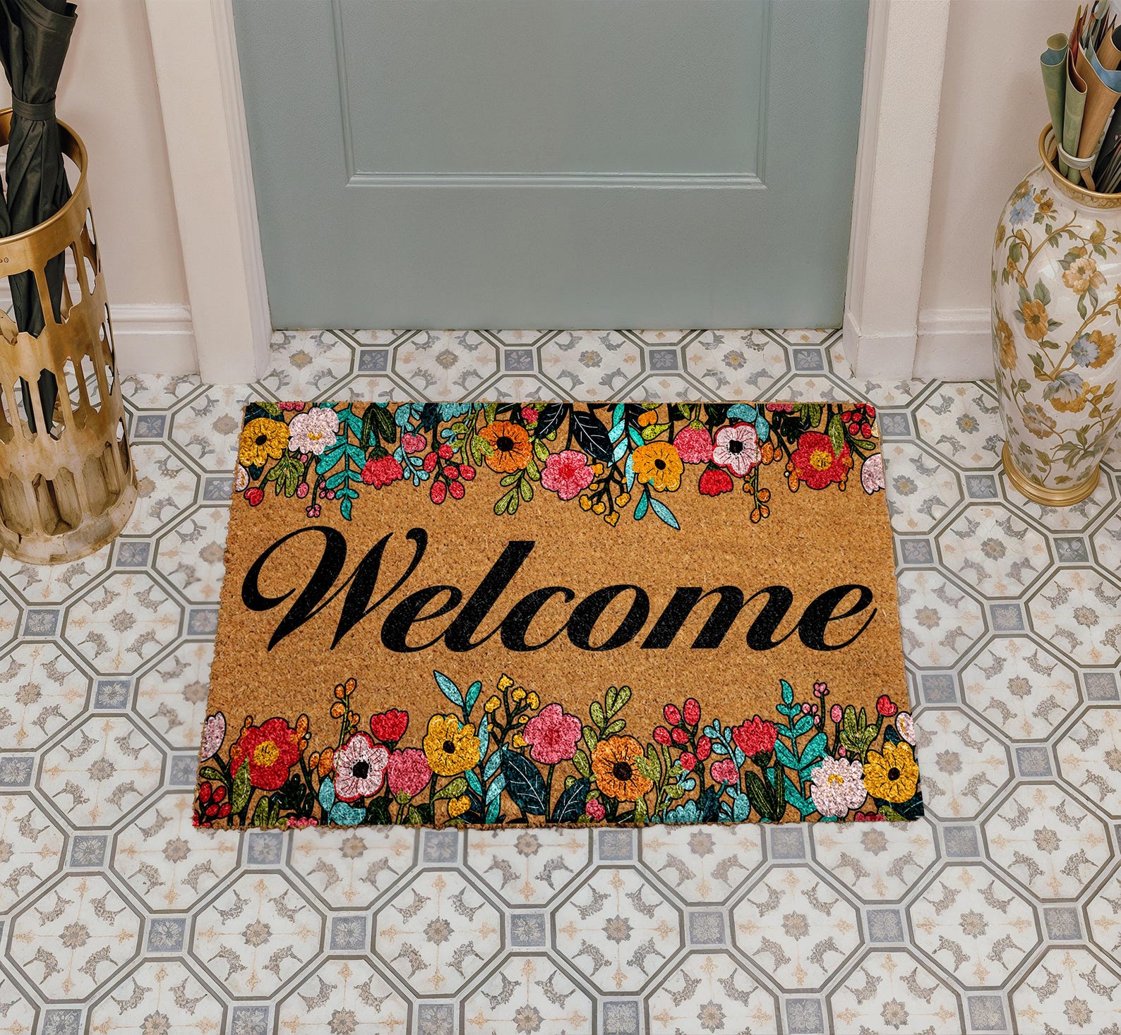 Floral Welcome Coco Doormat, Colorful Entryway Door Mat, Botanical ...