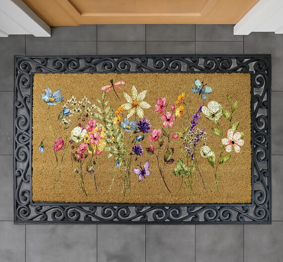 Spring Flowers Coir Doormat, Floral Front Porch Mat, Watercolor Wildflowers Home Decor, Housewarming Gift, New Home Entrance Floor Mat