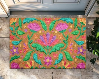 Felpudo floral de bienvenida: diseño bohemio brillante - Fibra de coco natural