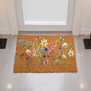 Spring Flowers Coir Doormat, Floral Front Porch Mat, Watercolor Wildflowers Home Decor, Housewarming Gift, New Home Entrance Floor Mat