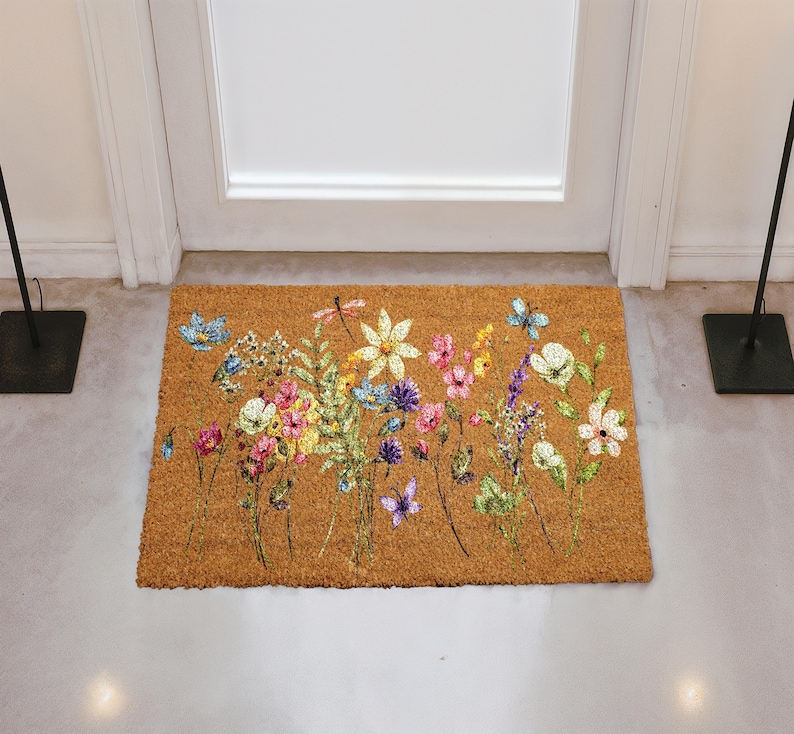 Spring Flowers Coir Doormat, Floral Front Porch Mat, Watercolor Wildflowers Home Decor, Housewarming Gift, New Home Entrance Floor Mat