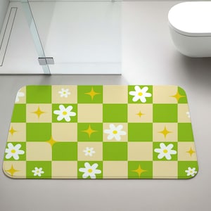 Alfombra de baño con estampado de cuadros verdes, alfombra de baño con margaritas, alfombra de ducha a cuadros, decoración estética verde lima, bonito regalo de inauguración de la casa.