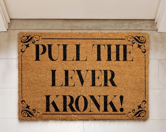 Pull The Lever Kronk Doormat, Movie Inspired Welcome Mat, Coir Entry Rug, Housewarming Gift, Front Porch Decor, Humorous Door Mat