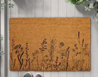 Wildflower Coir Doormat, Nature Inspired Welcome Mat,  Rustic Floral Door Mat, Cottagecore Home Decor, Plant Lover&#39;s Doormat, New Home Gift