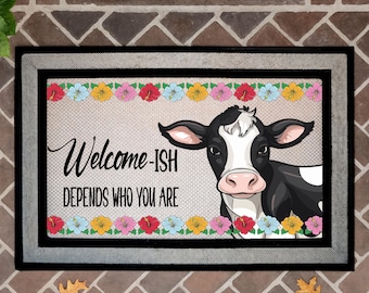 Retro Welcome-Ish Cow Doormat,  Funny Entryway Rug, Sublimation Sarcastic Welcome Mat, Floral Outdoor Mat, Farmhouse Door Mat, New Home Gift