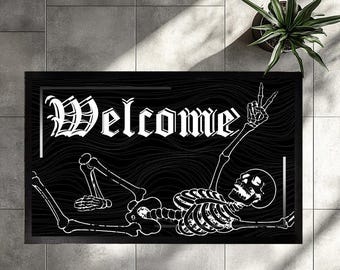 Funny Skeleton Doormat, Halloween Welcome Door Mat, Gothic Home Decor, Black Entryway Mat, Spooky Front Porch Rug, Humorous Outdoor Floormat