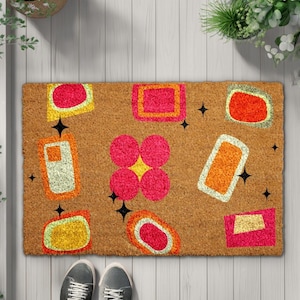 Colorful Retro Doormat, Vintage Welcome Mat, Mid Century Modern Home Decor, Geometric Shapes Entrance Rug, Vibrant Housewarming Gift