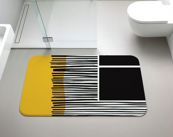 Modern Art Bathroom Mat, Yellow & Black Geometric Bathroom Rug, Abstract Line Art Shower Mat, Non-Slip Bath Rug, Housewarming Gift