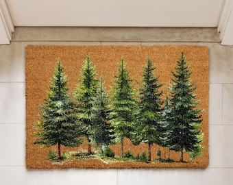 Pine Tree Forest Doormat, Christmas Tree Welcome Mat, Evergreen Woodland Xmas Decor, Nature Inspired Holiday Gift, Winter Front Porch Rug